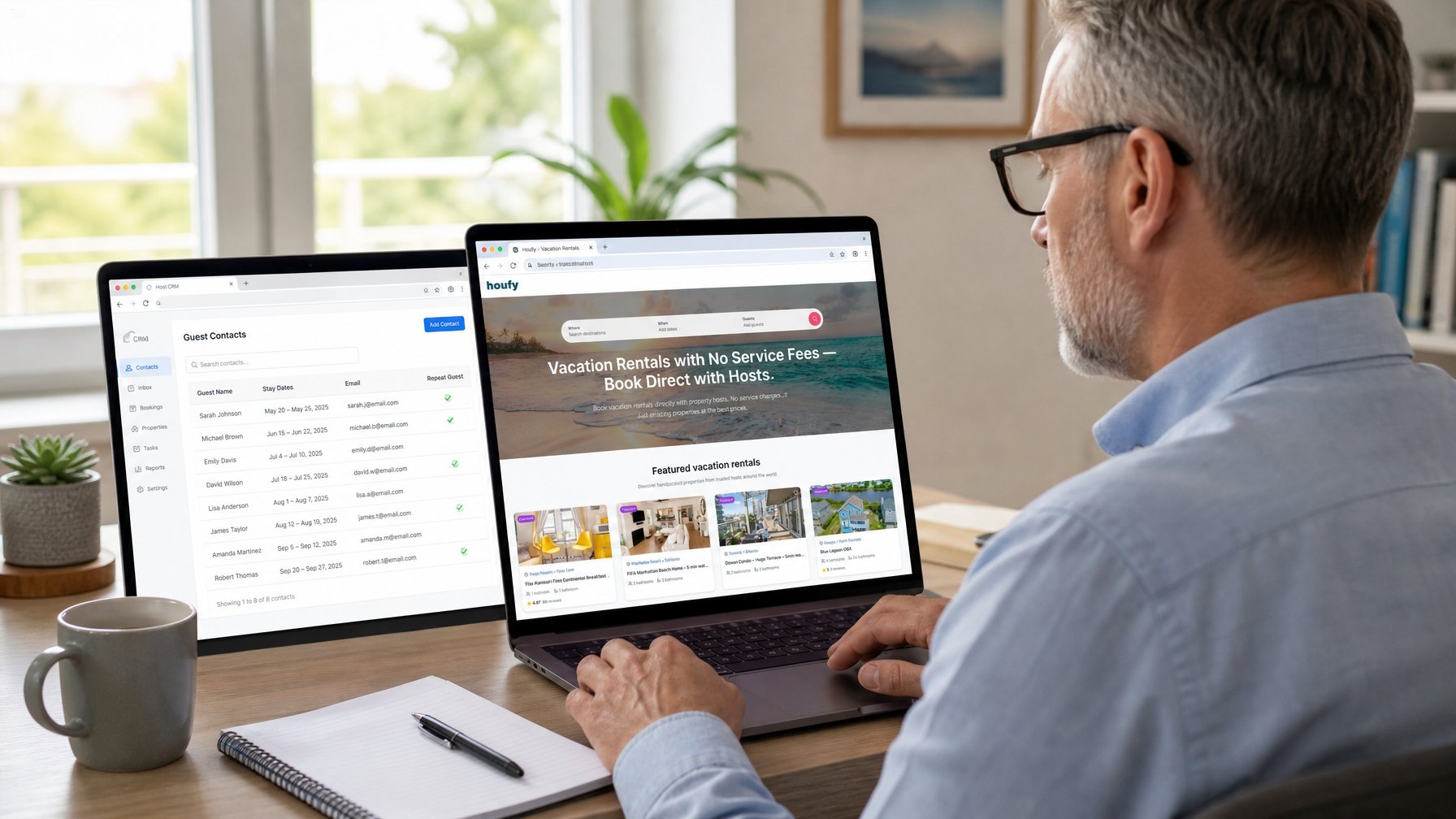 A vacation rental host building a guest database from direct bookings on their own website, showing the repeat booking and guest data advantages of owning your own direct booking site