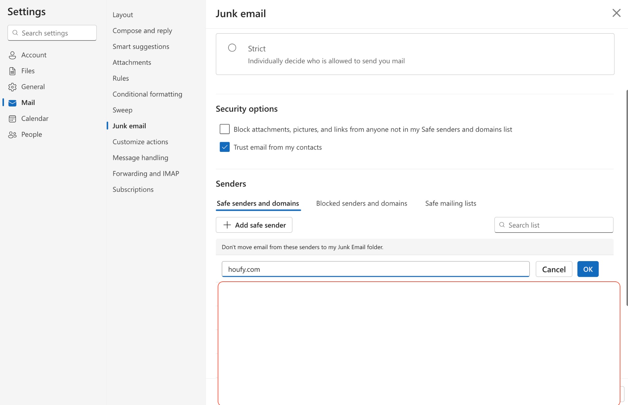Add houfy.com to safe list of senders: hotmail or outlook