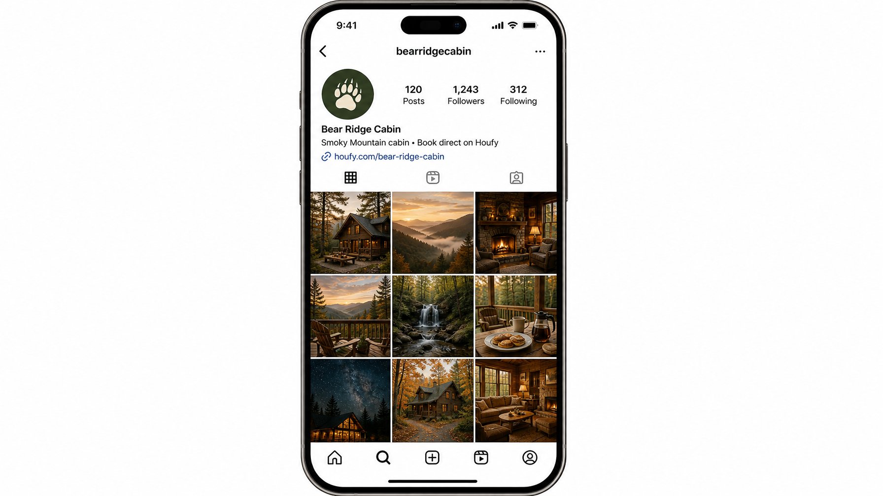 Vacation rental property Instagram grid for Bear Ridge Cabin showing cohesive golden-toned photos as part of a social media branding strategy