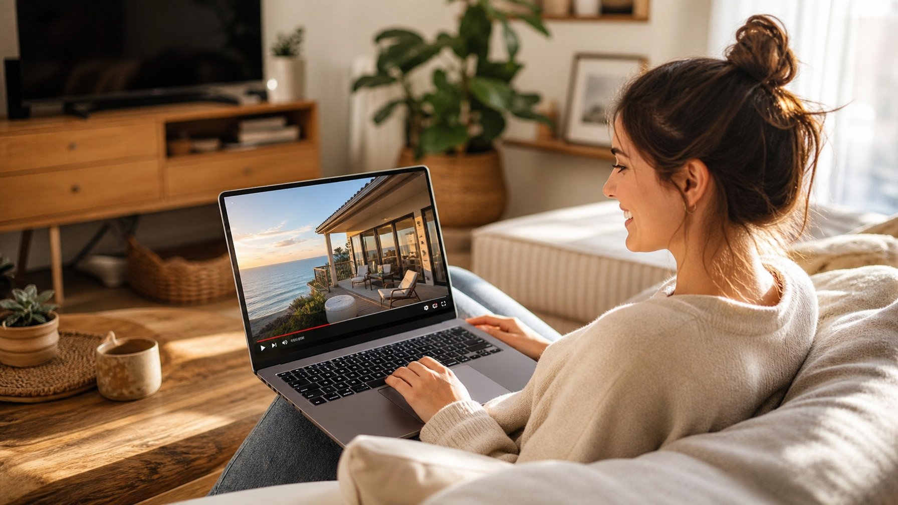Smiling traveler watching a vacation rental property tour on a laptop, with a sunlit coastal villa on screen — book fee-free vacation rentals direct on Houfy