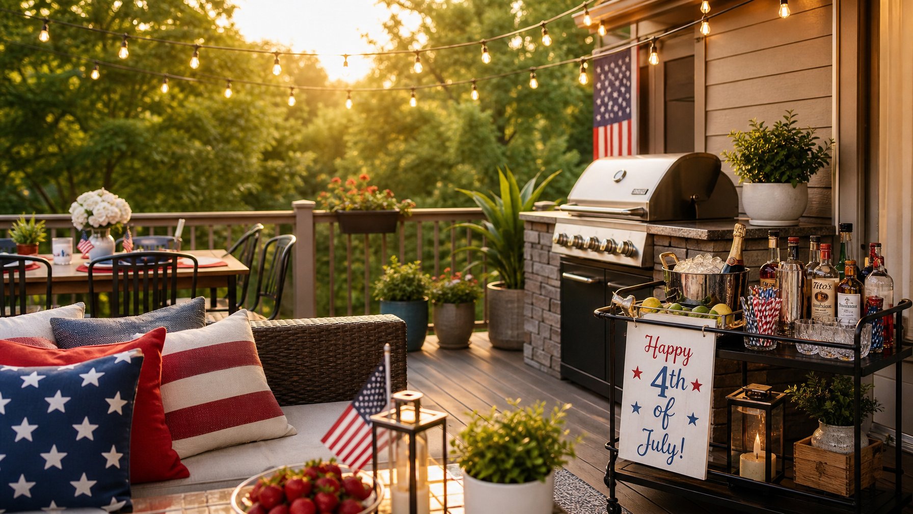 Vacation rental deck being staged and prepared for 4th of July guests — string lights, clean grill, stocked outdoor bar cart with ice bucket, potted plants along railing in golden afternoon light