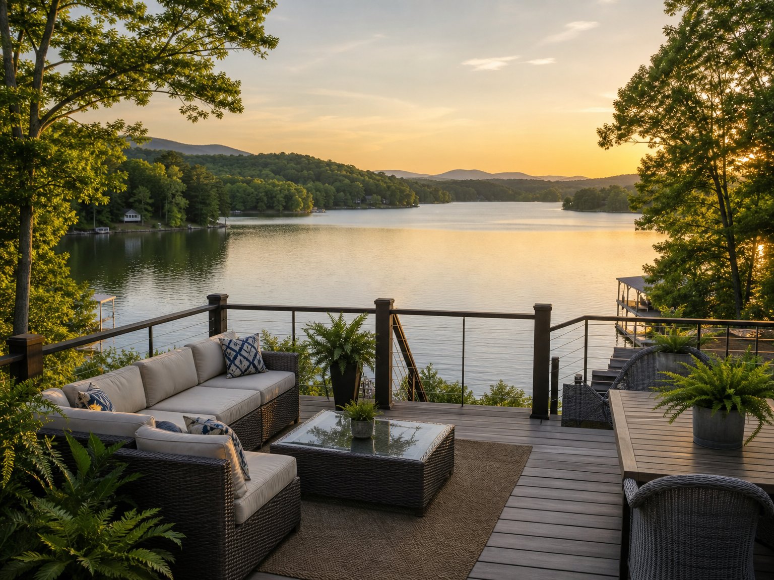 Smith Mountain Lake vacation rental deck overlooking calm water and wooded Blue Ridge foothills at golden hour