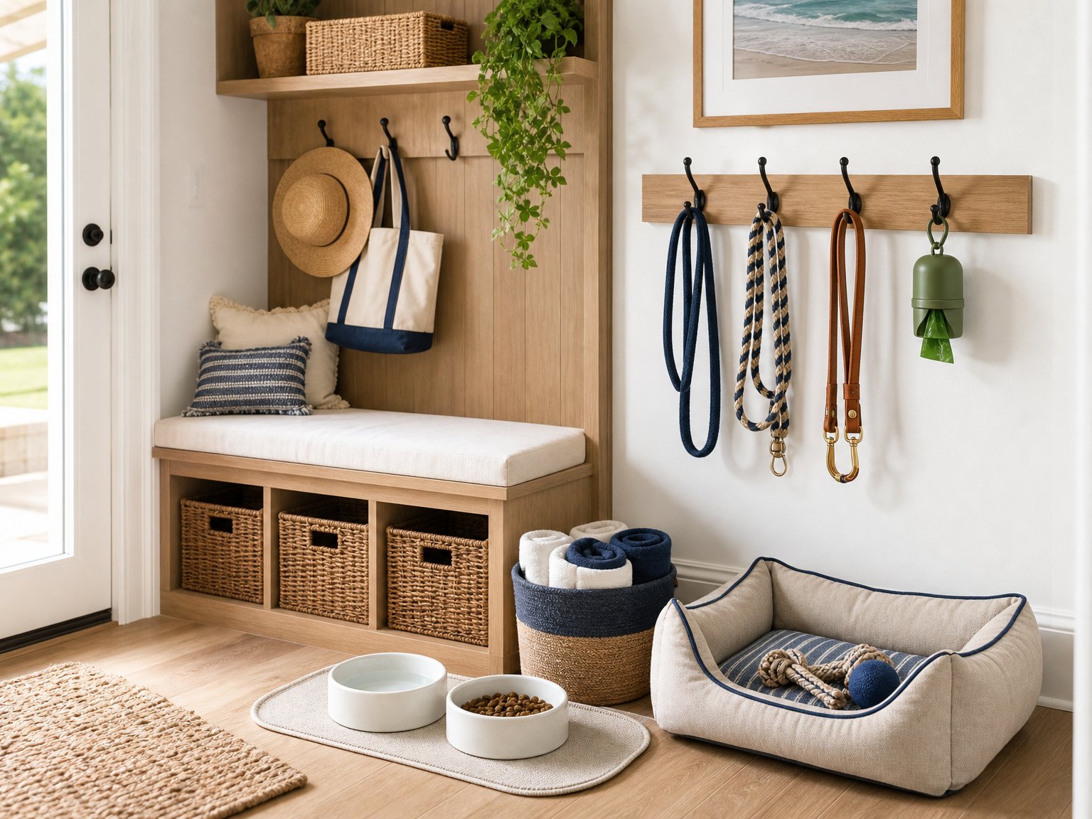 Well-organized vacation rental mudroom with ceramic dog bowls, rolled towels, waste bag dispenser, leash hooks, and small dog bed — pet friendly vacation rental amenity setup