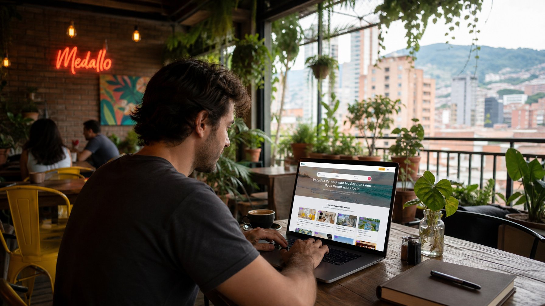 Digital nomad browsing vacation rental listings on a laptop at a Medellín Colombia café, a top remote work destination for digital nomad accommodation in 2026