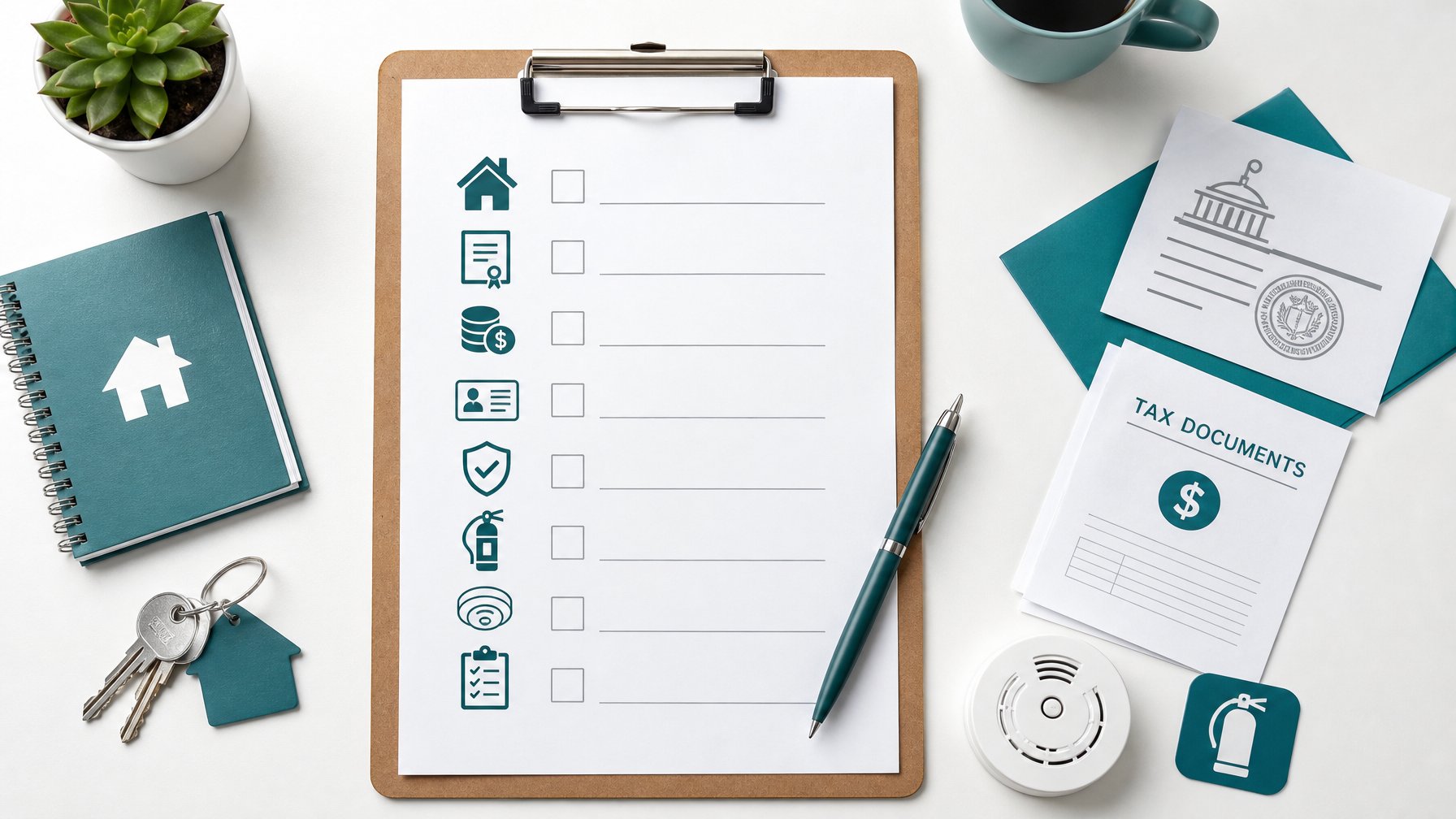 Short-term rental compliance checklist on a clipboard surrounded by permit documents and safety equipment icons, representing the key licensing, tax, and safety requirements every STR host must verify before listing