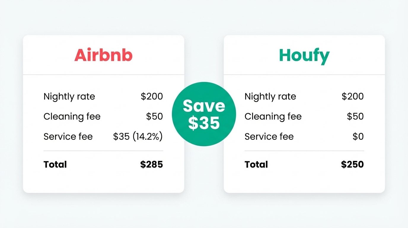 Airbnb vs Houfy booking cost comparison: same $200 nightly rate totals $285 on Airbnb with 14.2% service fee vs $250 on Houfy with zero service fee