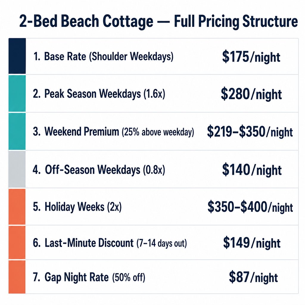 Vacation rental pricing worked example showing all rate tiers for a 2-bedroom beach cottage, from base rate to gap night discount