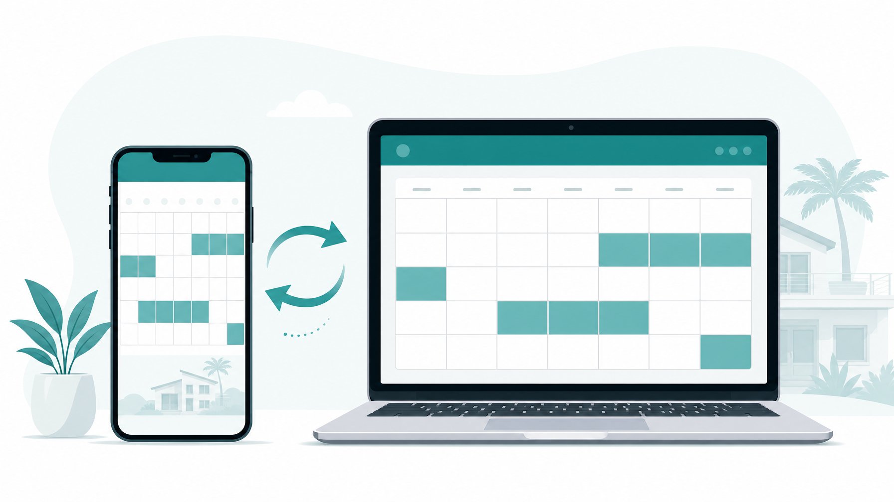 Smartphone and laptop displaying matching teal vacation rental calendar grids linked by a circular sync icon, illustrating iCal calendar sync to prevent double bookings when listing on both VRBO and Houfy