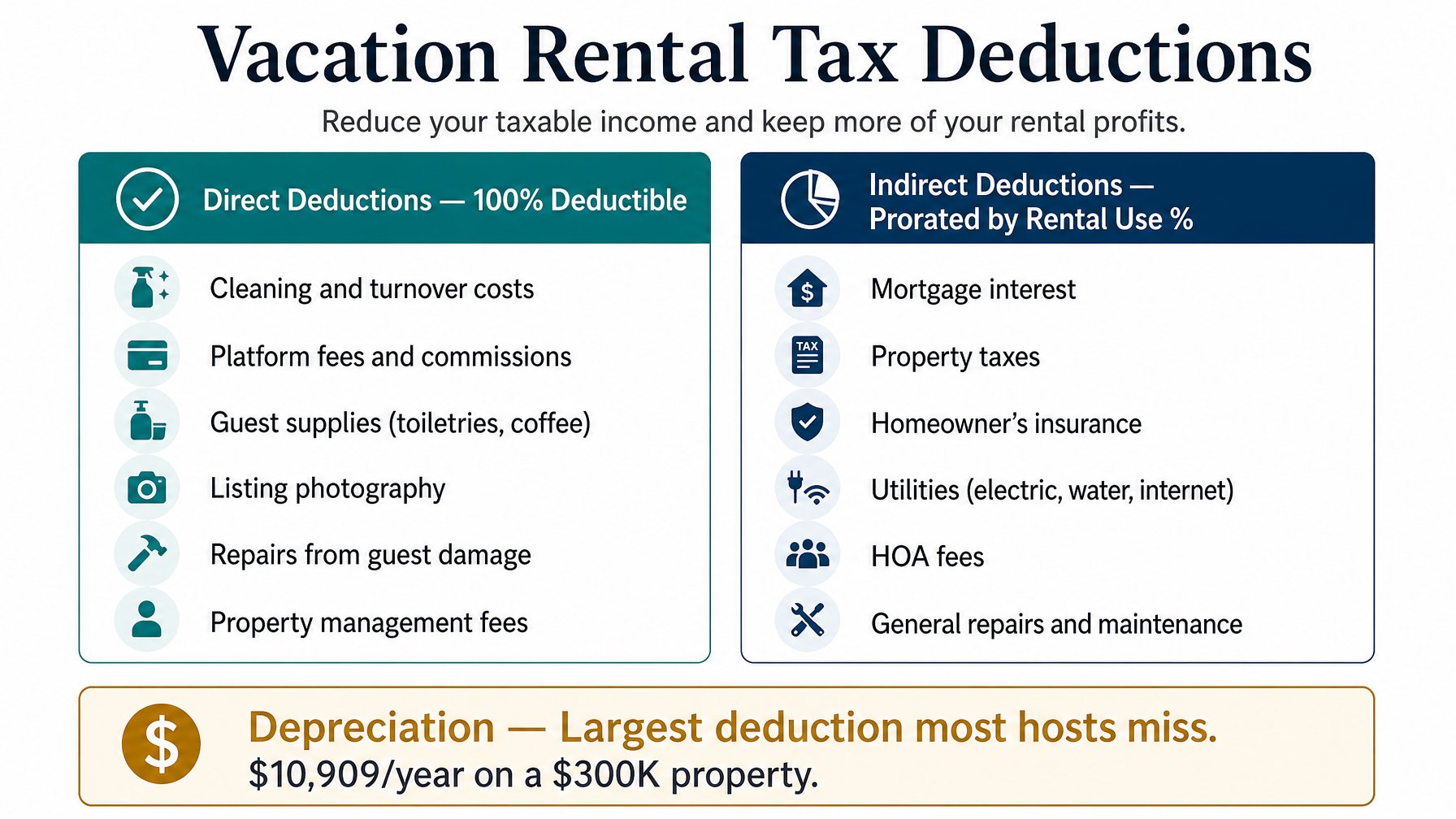 Infographic listing direct and indirect vacation rental tax deductions for hosts in 2026, including cleaning fees, platform commissions, mortgage interest, insurance, utilities, and depreciation
