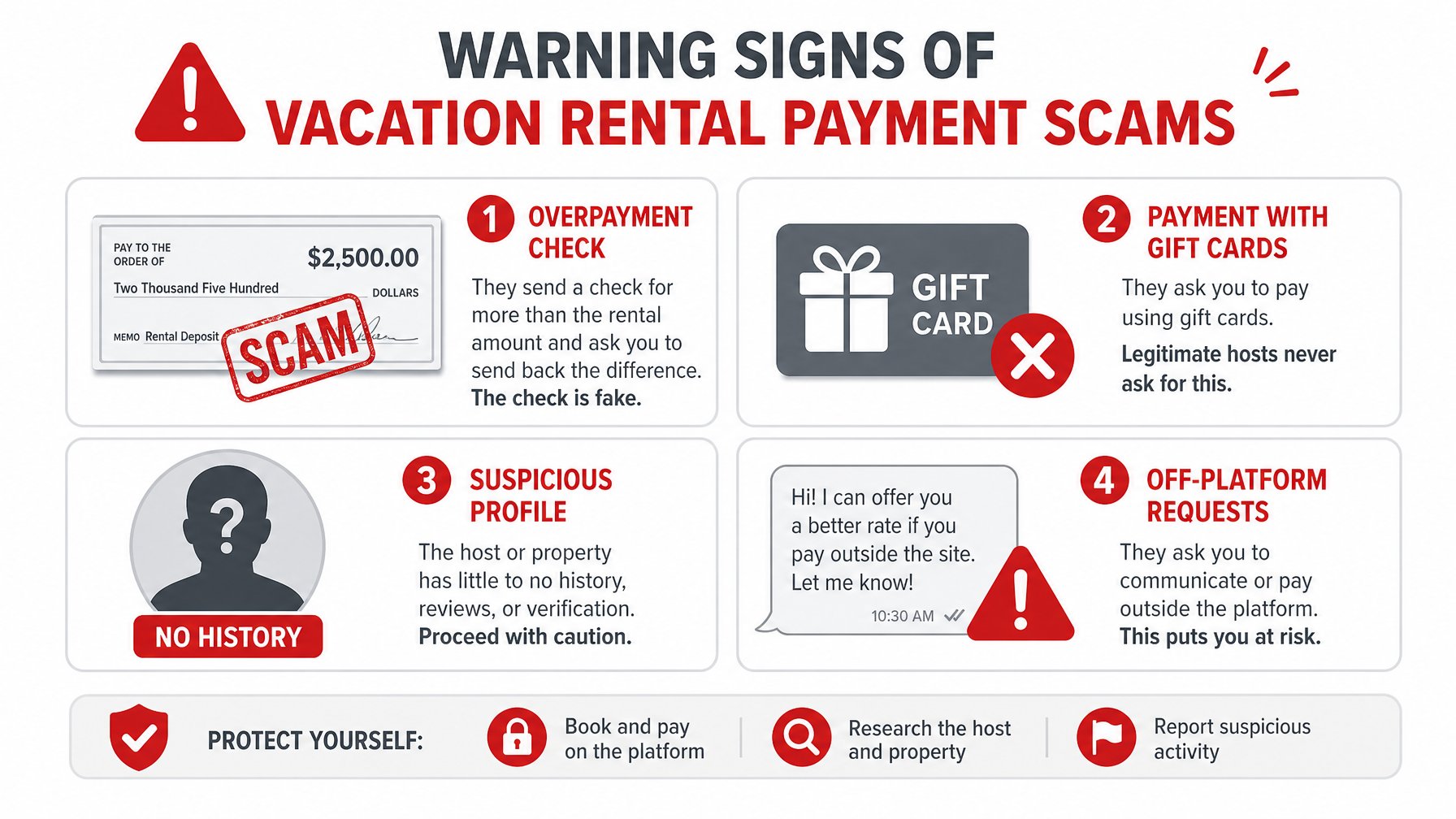 Warning signs of vacation rental payment scams including overpayment checks, gift card requests, no-history profiles, and off-platform payment pressure