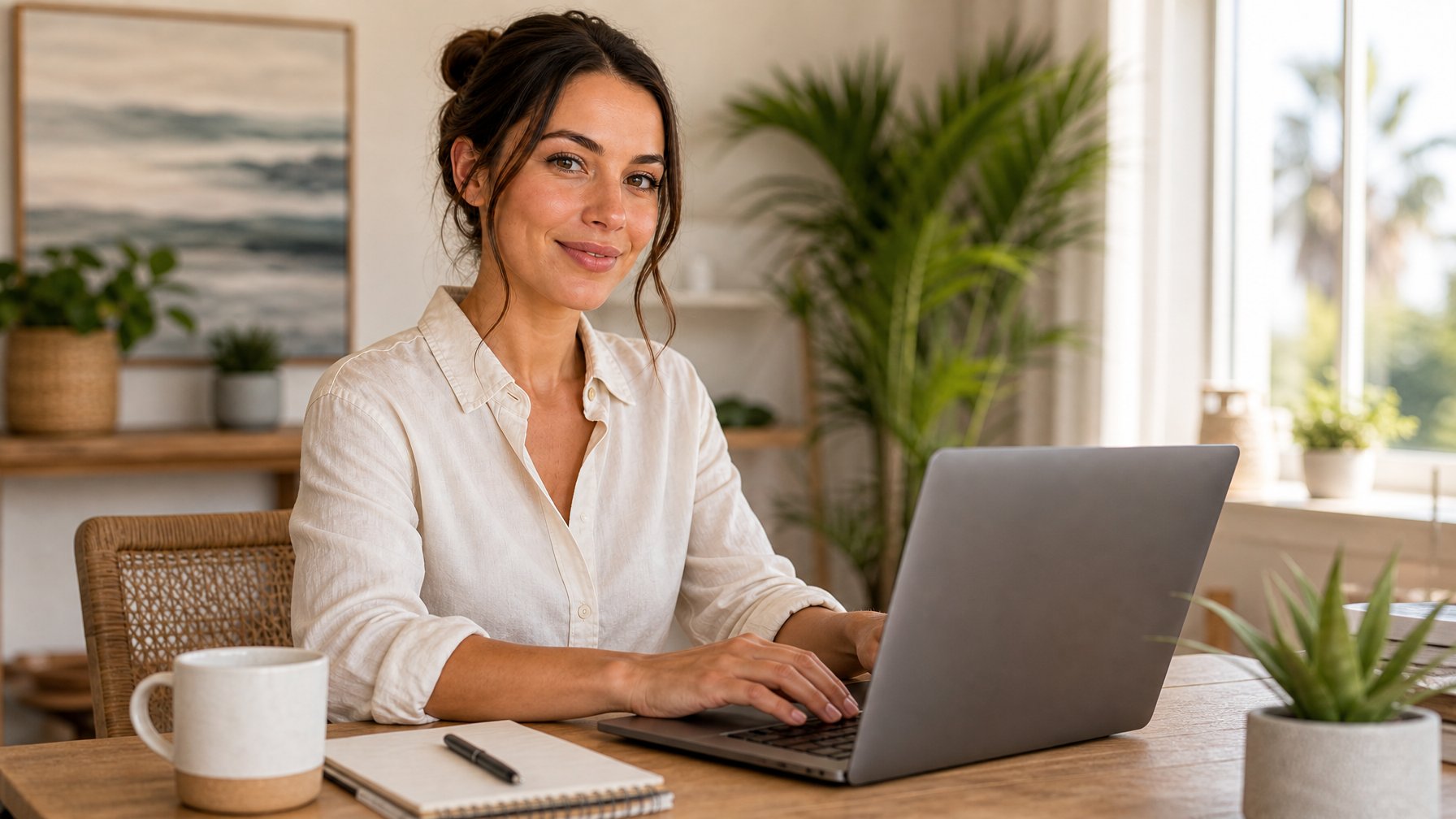 Vacation rental host smiling while typing a review response on a laptop at a bright home desk — demonstrating the host engagement habit that increases overall review volume by 18%