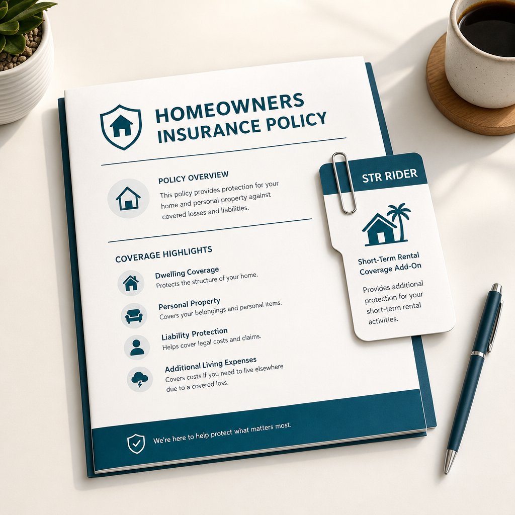 A homeowners insurance policy document with an STR rider add-on tab — representing the most affordable entry-level coverage for occasional vacation rental hosts
