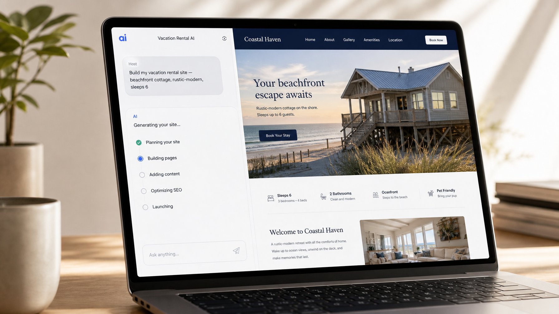 Houfy AI website builder interface showing a plain-English prompt generating a vacation rental site in real time on a laptop screen