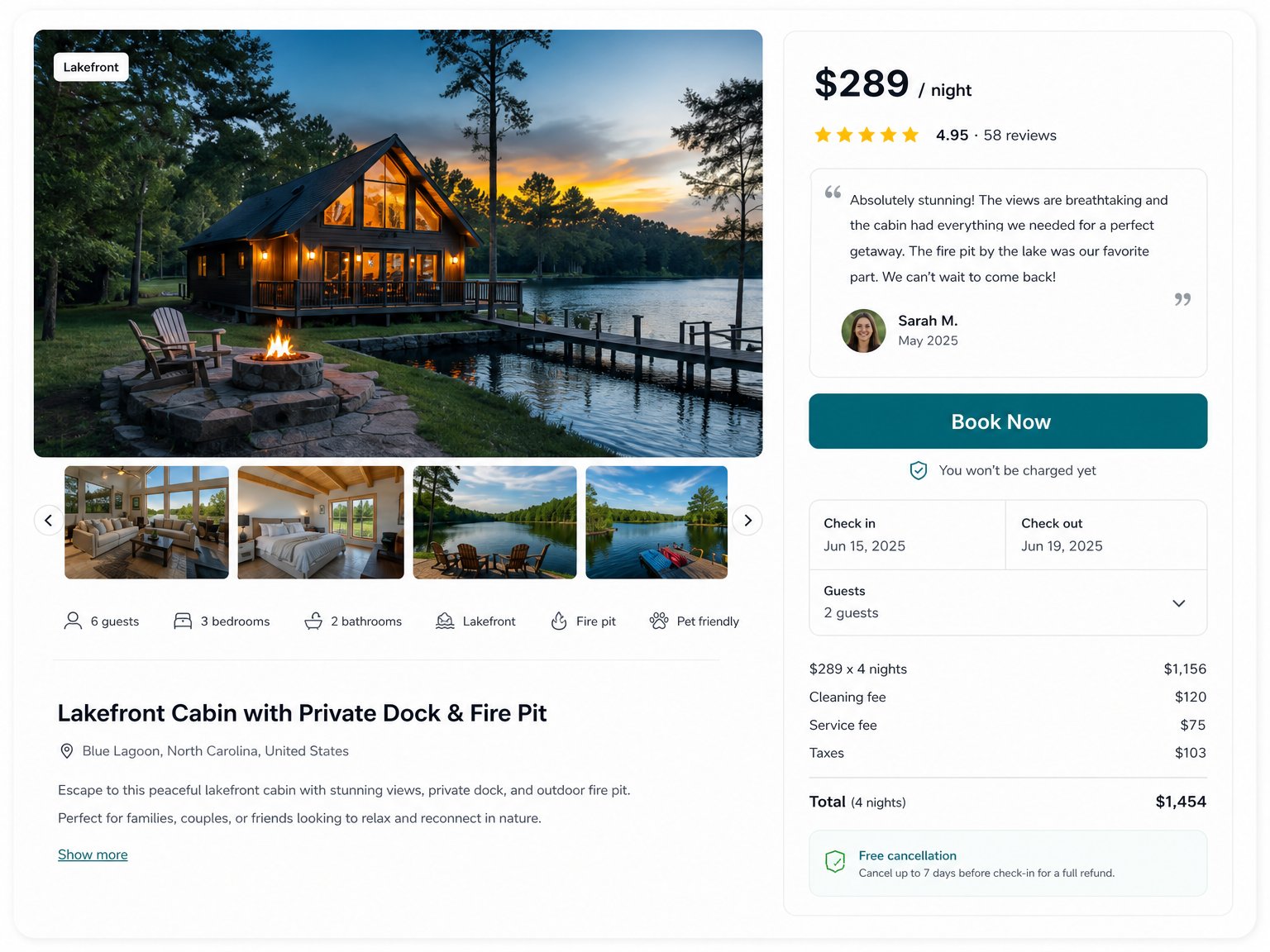 Vacation rental booking page UI mockup showing star rating and guest testimonial positioned directly above the Book Now button — social proof placement near CTA for conversion optimization