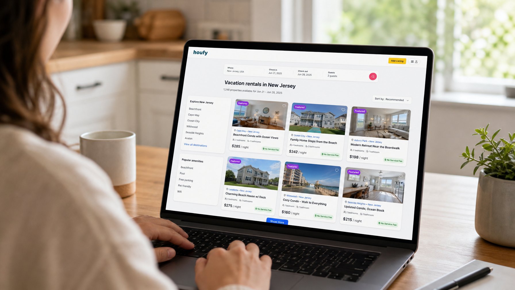 Direct booking vacation rental search results for Copa América 2026 semifinal dates showing no-service-fee listings near MetLife Stadium — Houfy platform