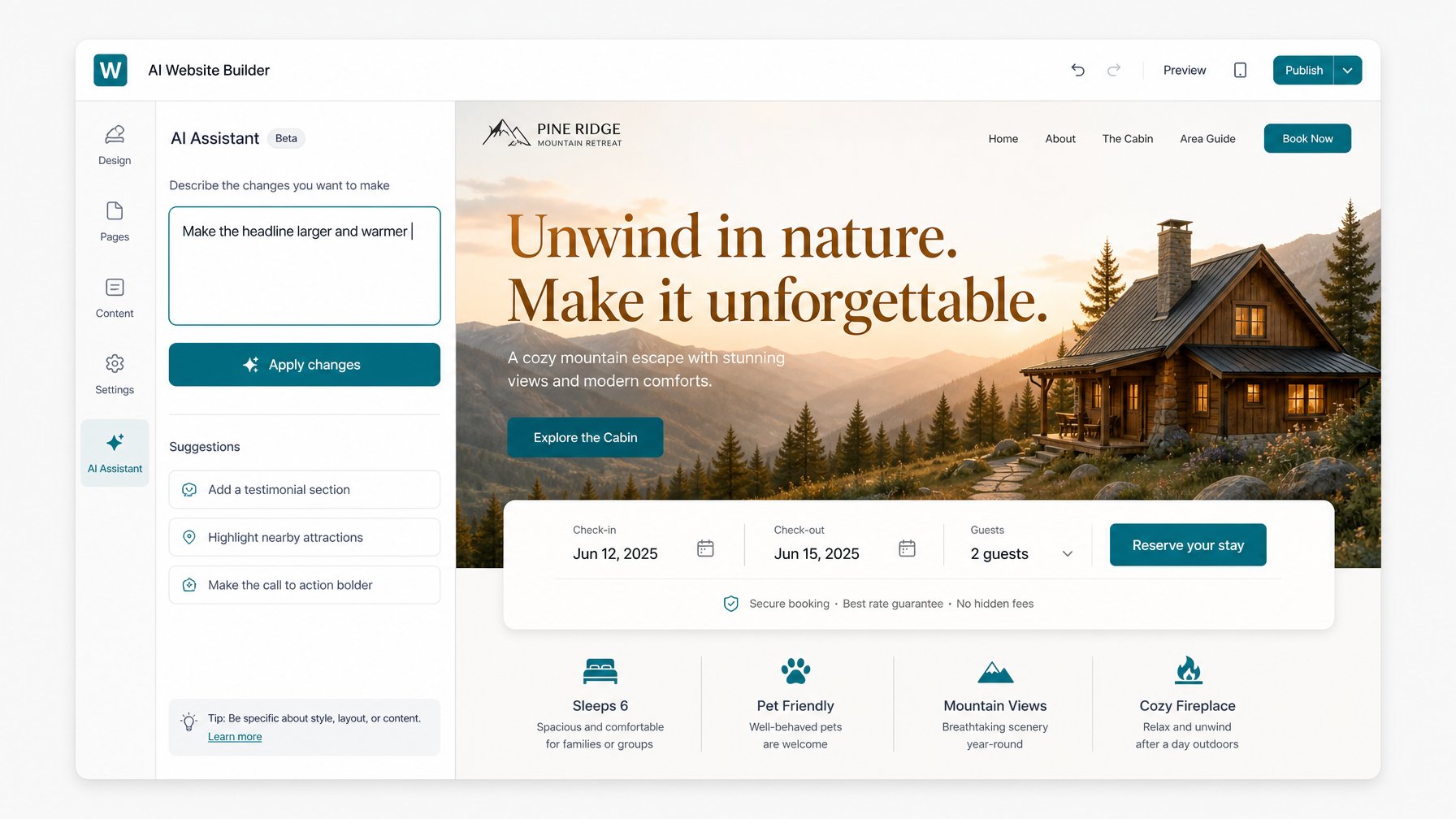 Houfy vacation rental website editing interface showing a host fine-tuning a section with a plain-English prompt and direct element editing tools