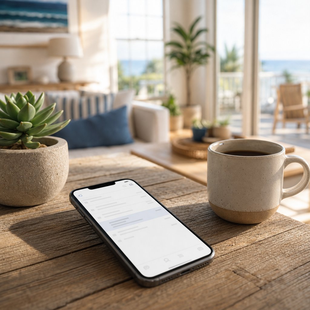 Smartphone showing post-stay thank you email from vacation rental host on rustic wooden table with coffee