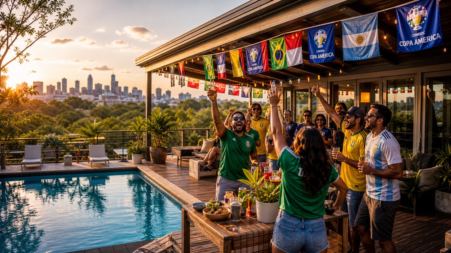 Modern Austin Texas vacation rental home with outdoor pool and covered deck, Copa América fans celebrating with flags and jerseys at golden hour