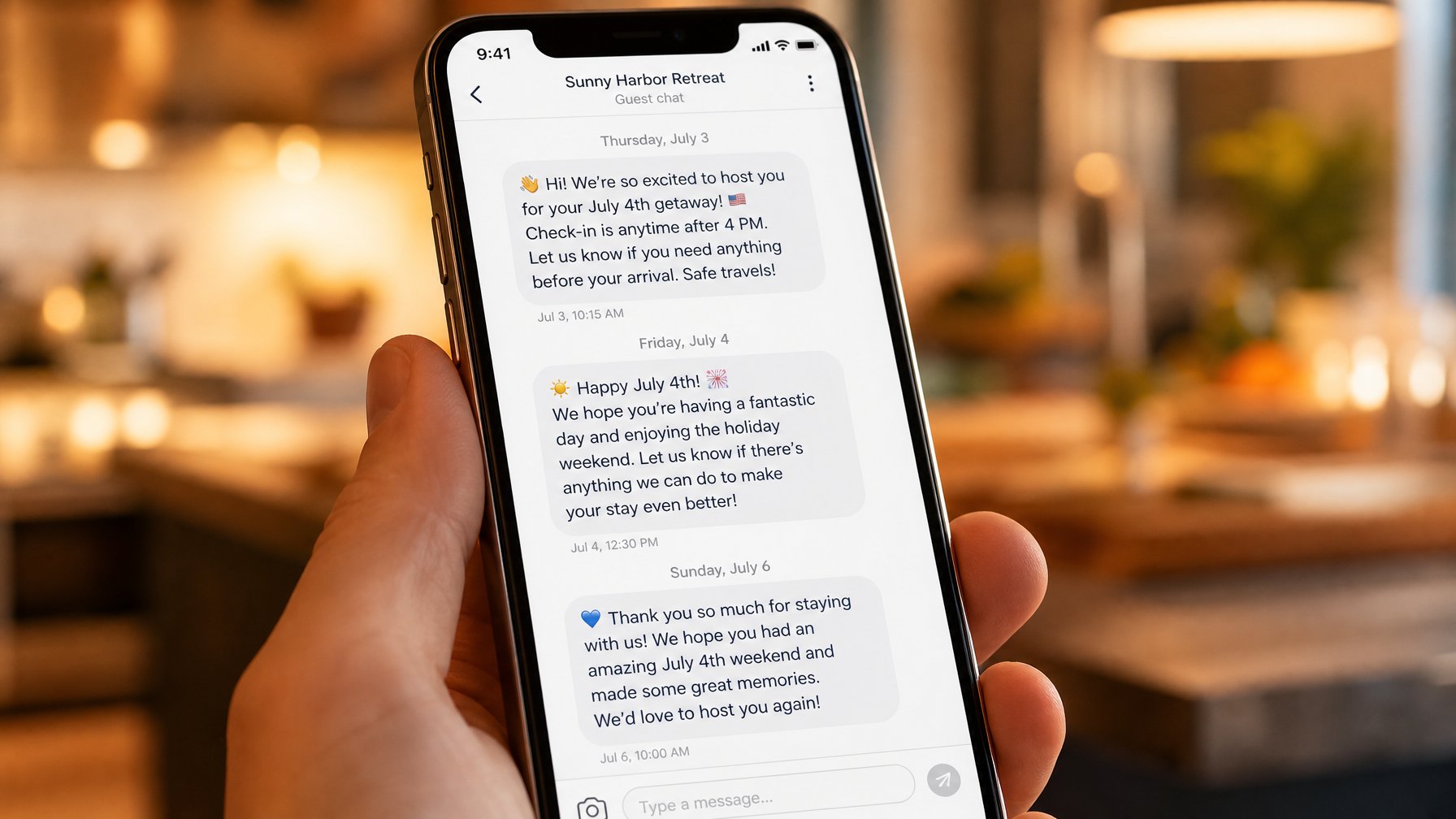 Smartphone screen showing three-message July 4th guest communication sequence — 48-hour pre-arrival message, July 4th midday check-in, and post-stay thank you note