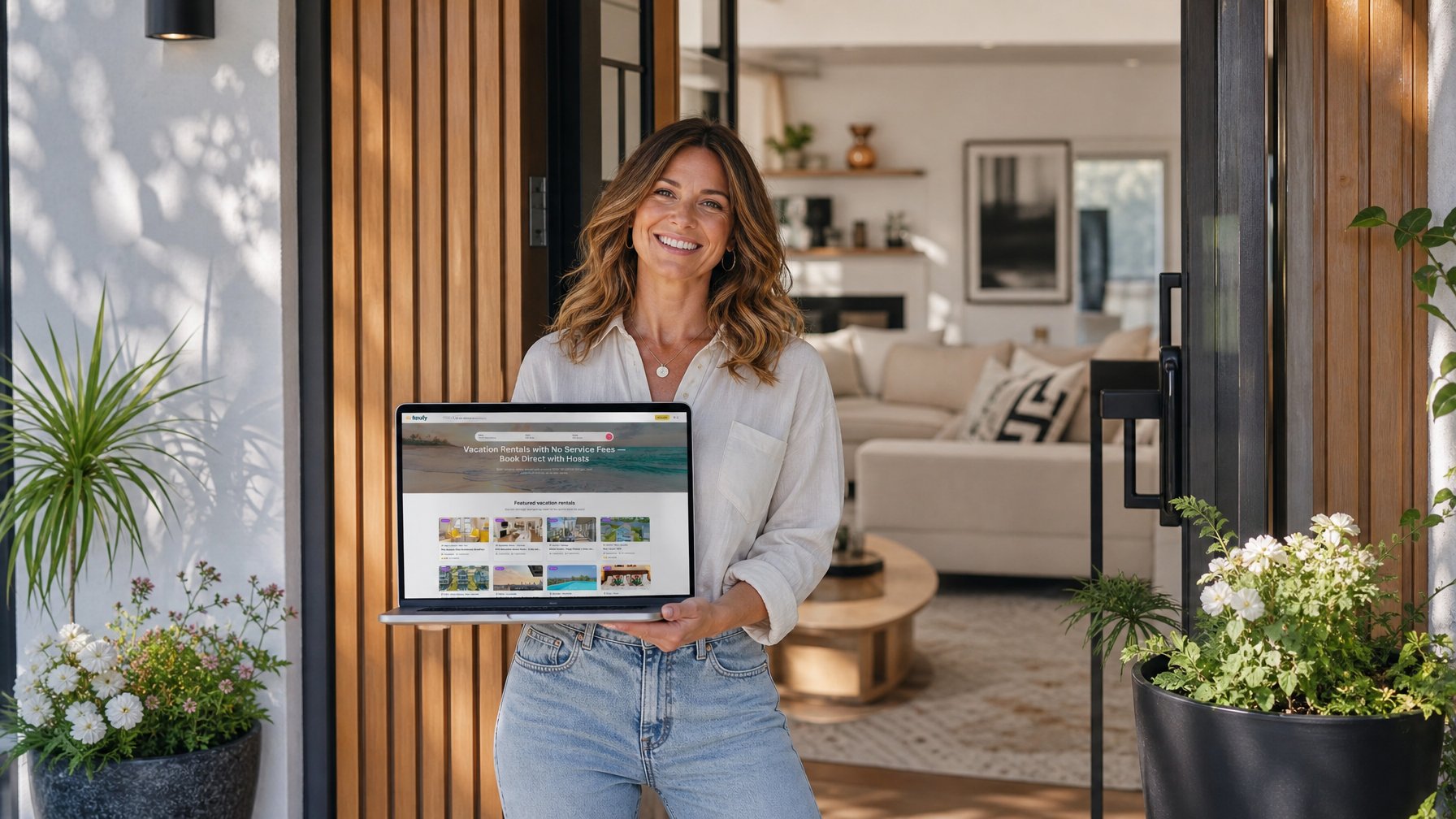 Confident vacation rental host holding laptop with Houfy listing visible, standing in the doorway of a well-appointed property — direct booking host empowerment during World Cup 2026