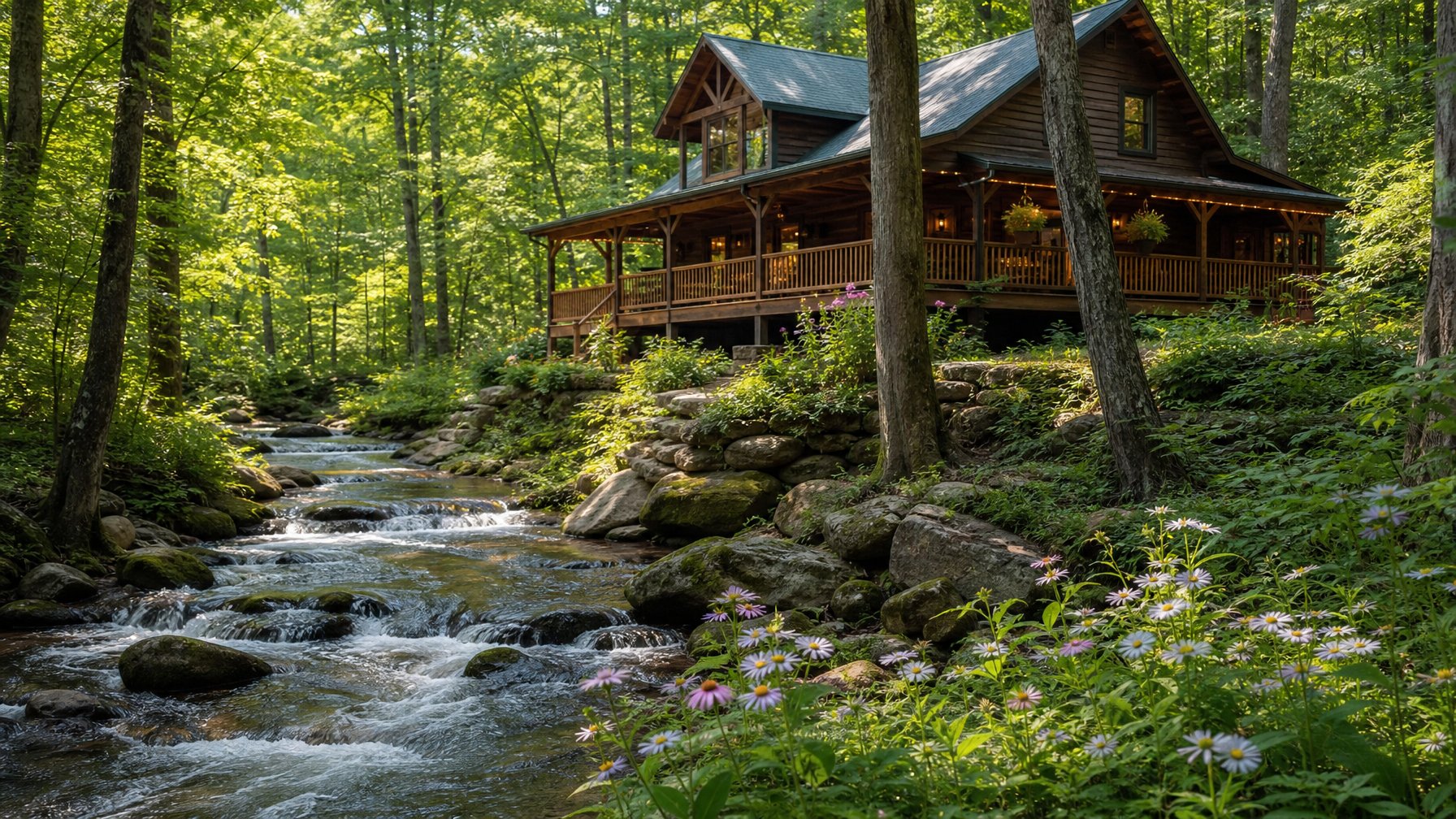 Secluded Wears Valley Tennessee cabin rental with covered porch overlooking rushing creek, lush Smoky Mountains forest surroundings, summer wildflowers
