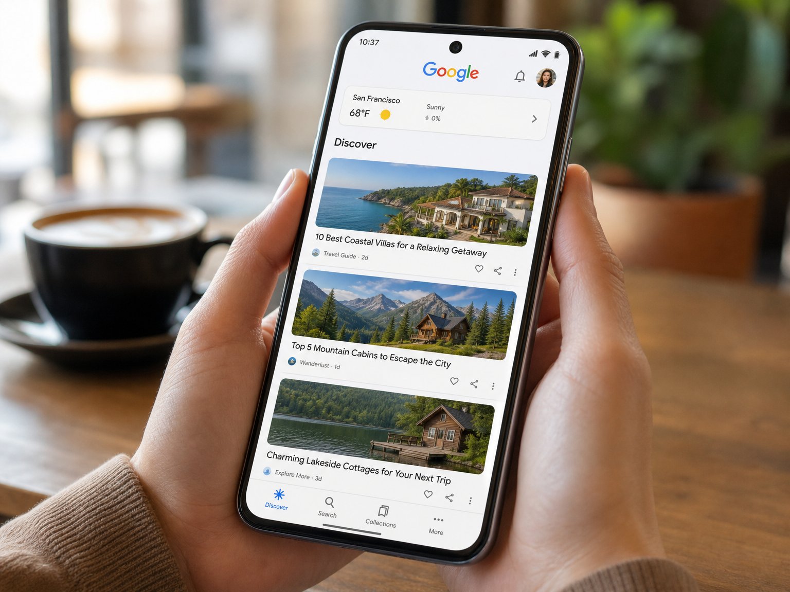 Hands holding a smartphone in a cafe showing a Google Discover feed with travel cards for coastal villas, mountain cabins, and lakeside cottages — how vacation rental content reaches guests without a search query