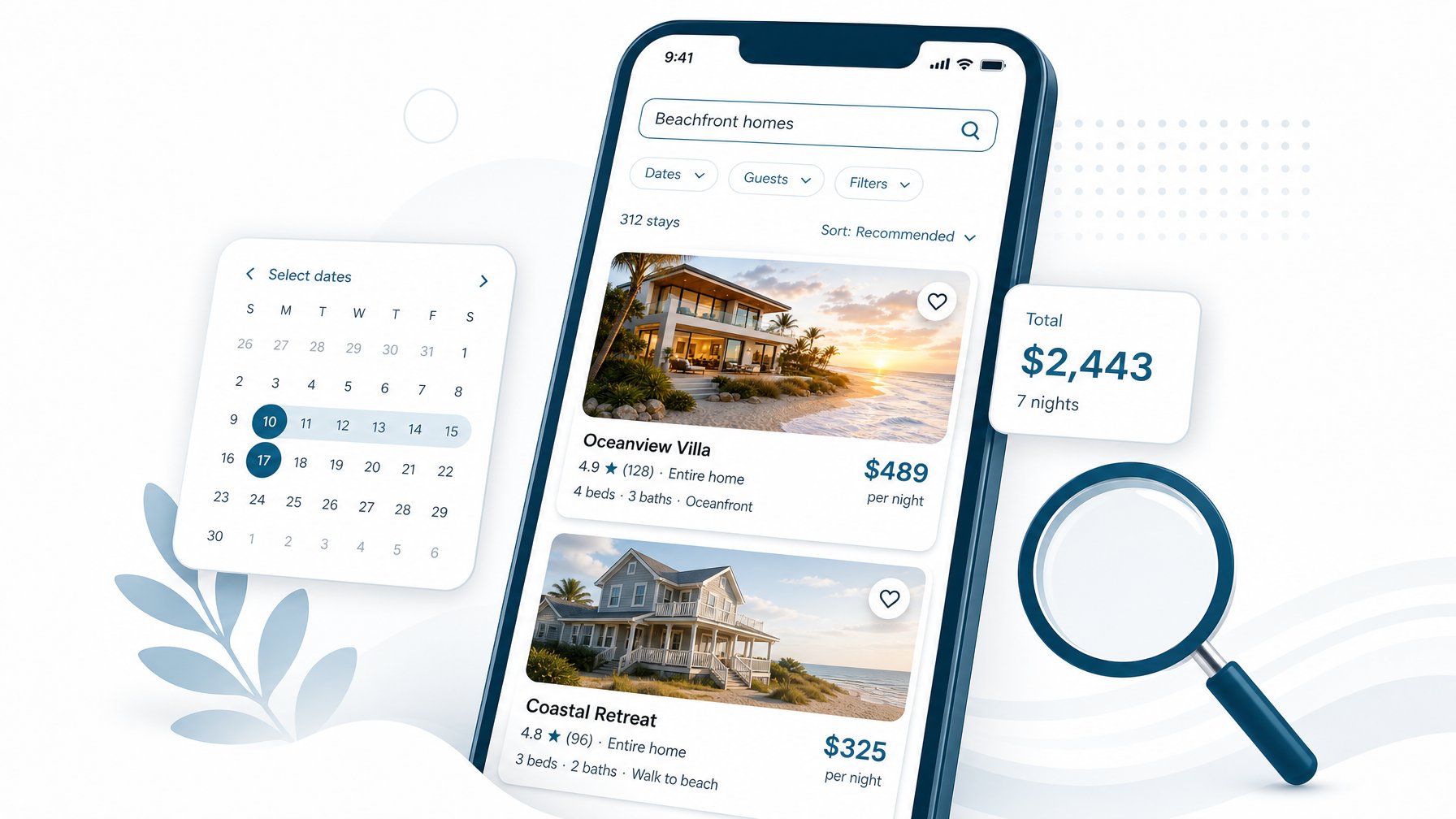Smartphone showing vacation rental search results with property cards, a date-picker calendar, and pricing — Google Vacation Rentals concept