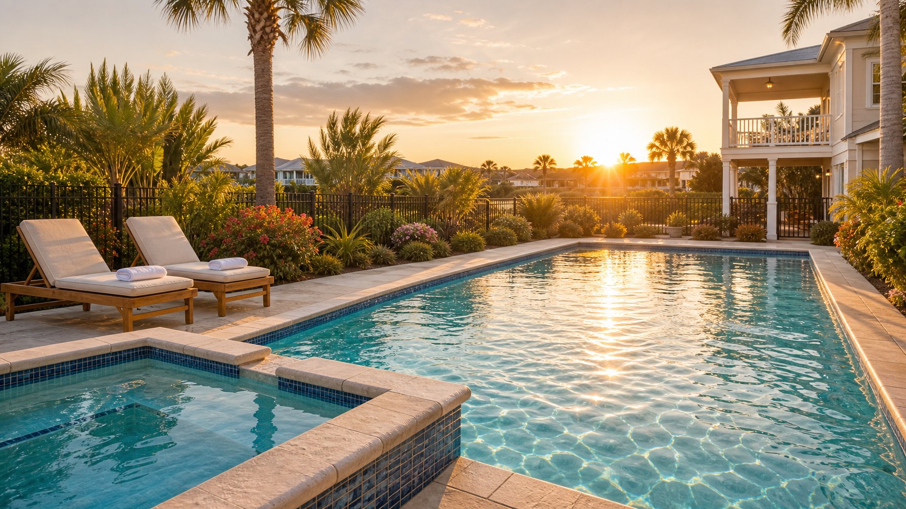 Vacation rental swimming pool at golden hour shot from deck level: turquoise water reflecting warm light, hot tub in corner, lounge chairs with towels, lush garden border