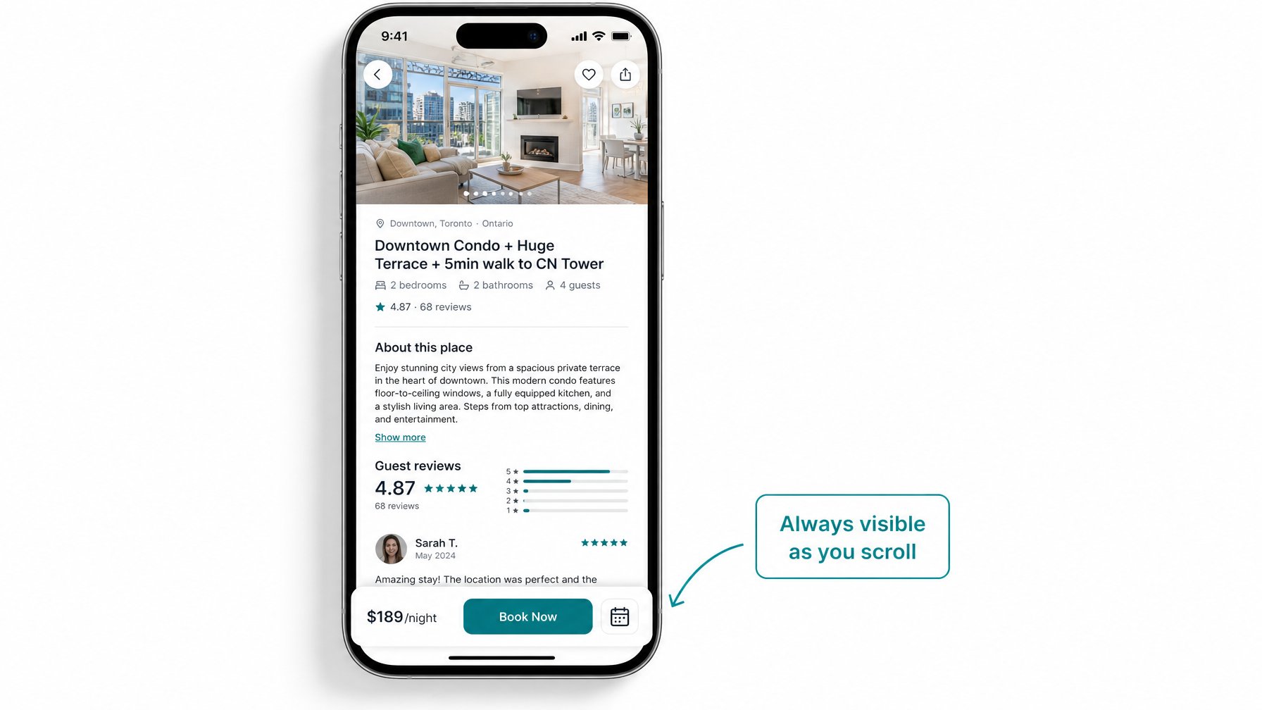 Mobile phone showing a sticky vacation rental booking bar fixed at the bottom of the screen displaying the nightly rate and a teal Book Now button that stays visible while scrolling