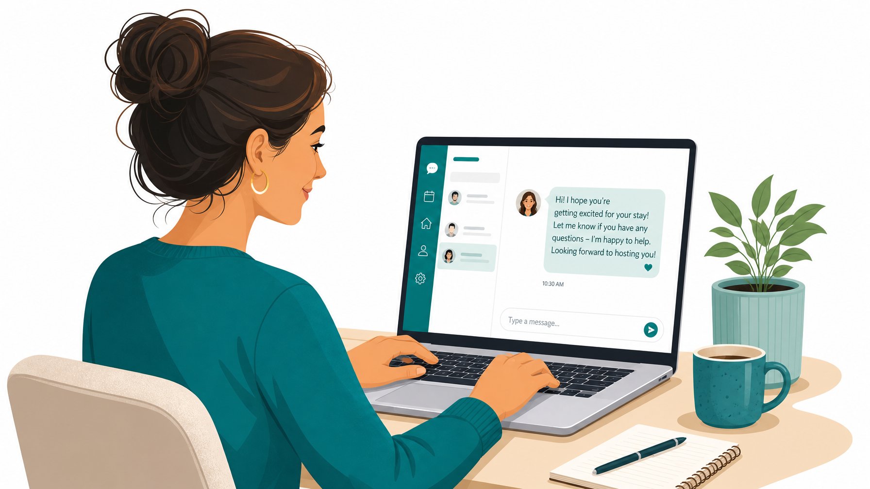 A vacation rental host composing a warm welcome message to a guest on a teal messaging interface, illustrating the direct host-guest communication that sets Houfy apart from fee-heavy OTAs — build your direct booking relationships on Houfy