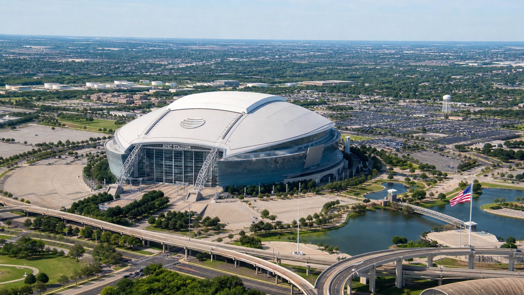 Aerial view of AT&T Stadium in Arlington Texas with surrounding highways and parking lots — FIFA World Cup 2026 Dallas host venue