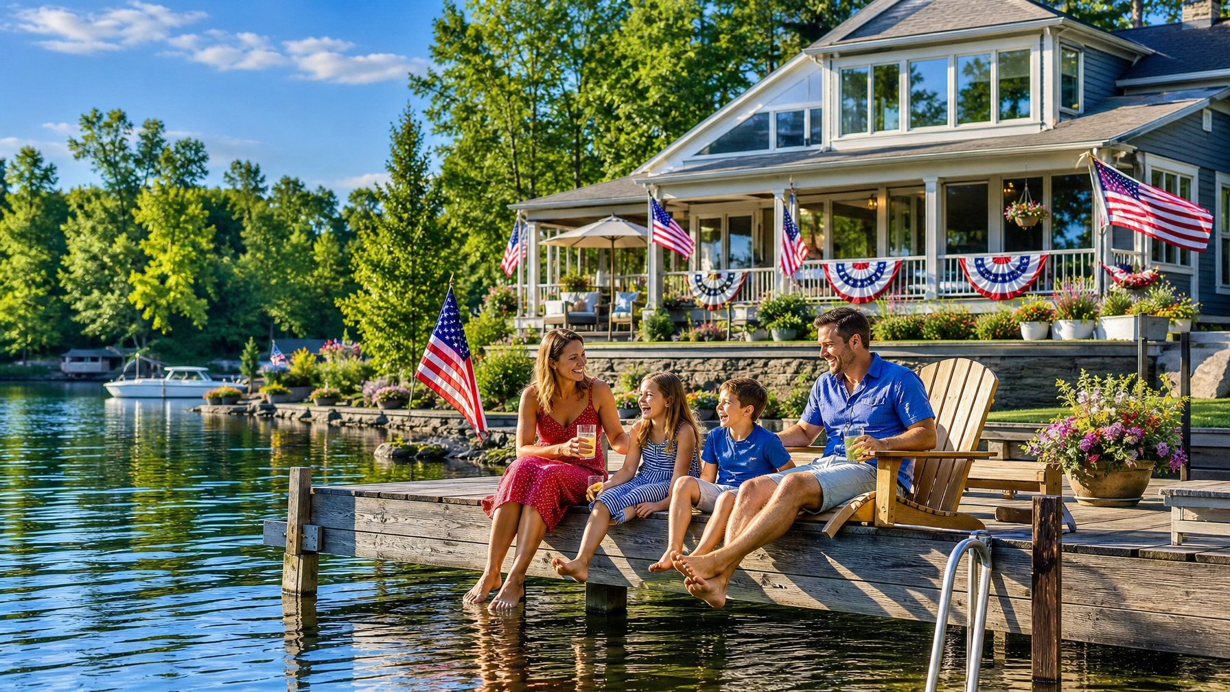 Family relaxing on a decorated lakefront dock at a vacation rental on July 4th, with American flag bunting on the house and a calm lake in the background — peak season pricing example