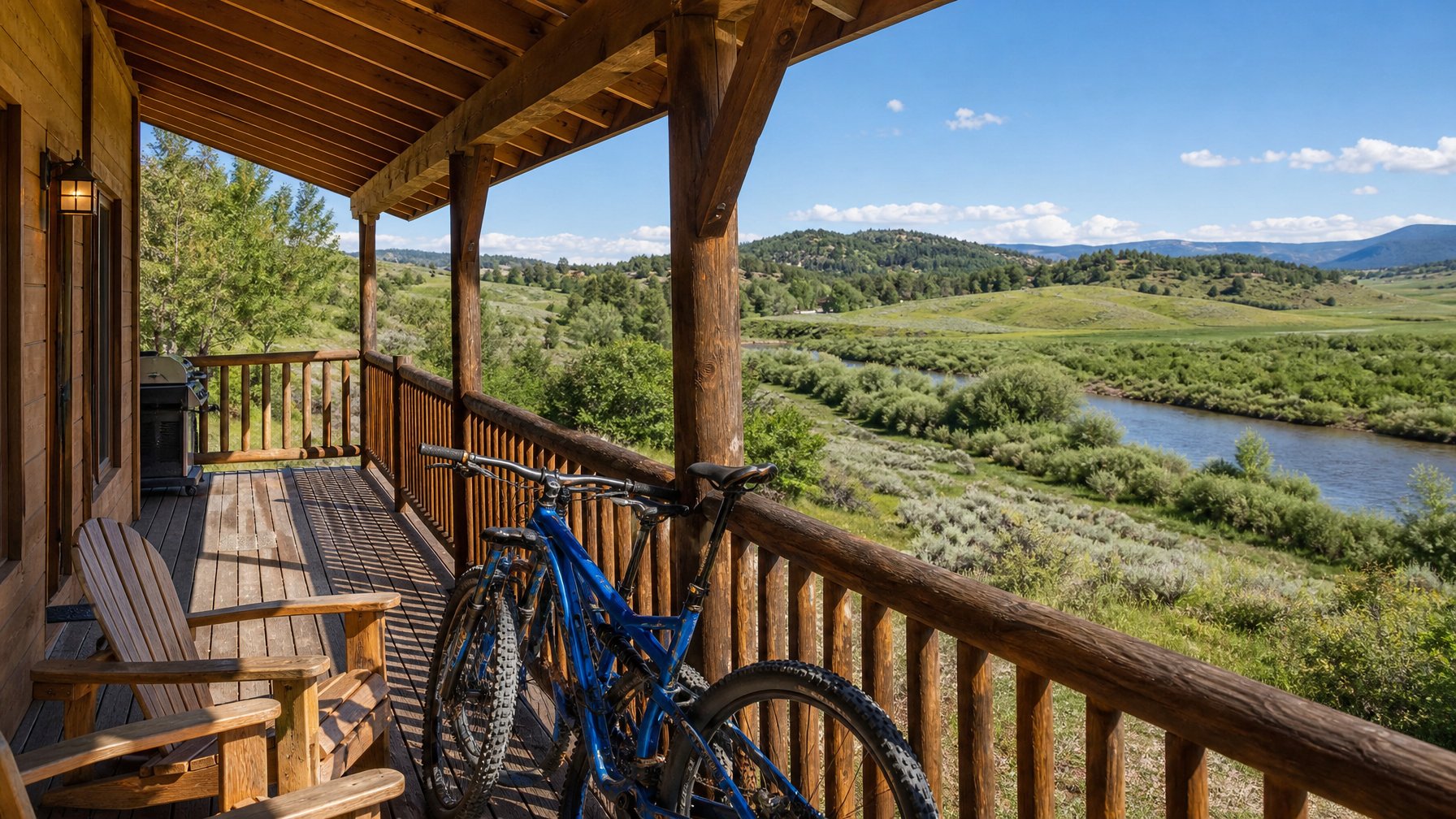 Vacation rental cabin near Steamboat Springs Colorado with mountain bikes on the porch and Yampa River valley visible in the background — Steamboat Springs summer vacation rental