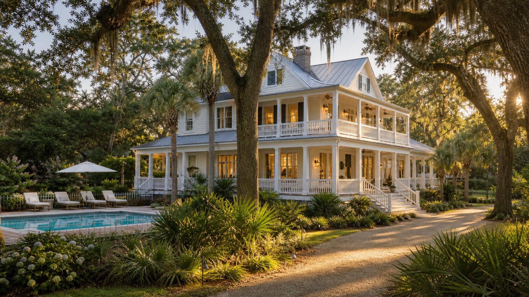 Sea Pines Plantation vacation rental home on Hilton Head Island with private pool lush live oak and subtropical landscaping summer 2026