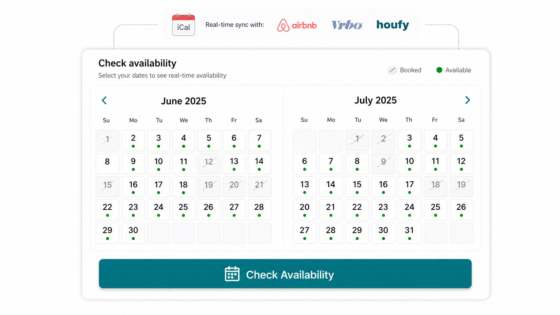 Real-time vacation rental availability calendar widget showing synced bookings across Airbnb, VRBO, and Houfy with booked dates crossed out and available dates highlighted in green