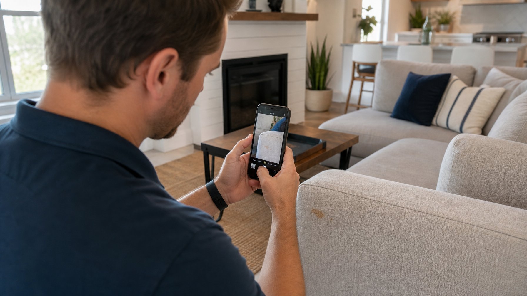 Vacation rental host photographing a sofa stain on a smartphone during a post-checkout damage inspection — time-stamped photo documentation for a security deposit claim