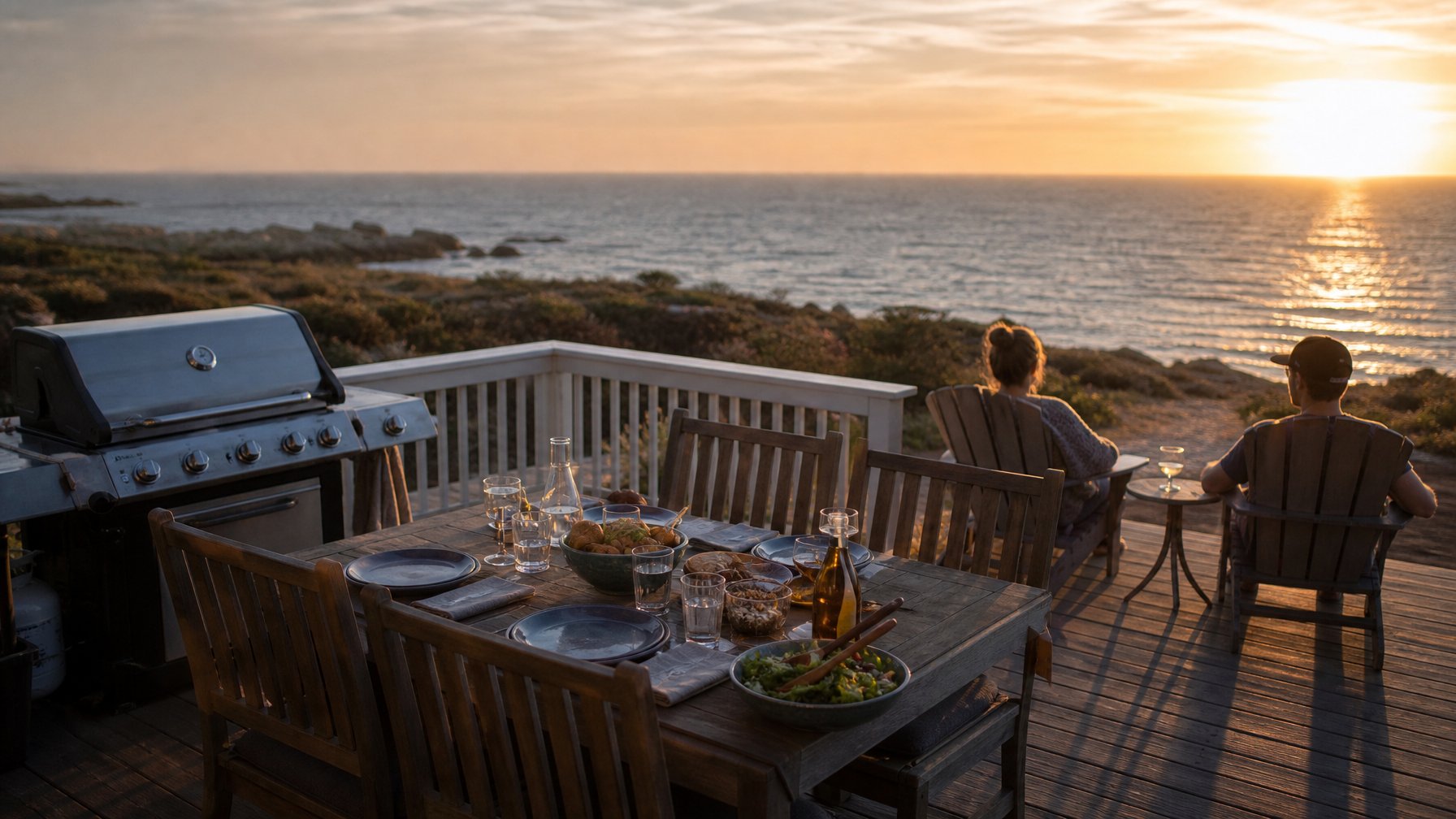 A vacation rental beach house outdoor deck with a grill, dining table, and Adirondack chairs overlooking the ocean, the essential summer beach rental outdoor living setup