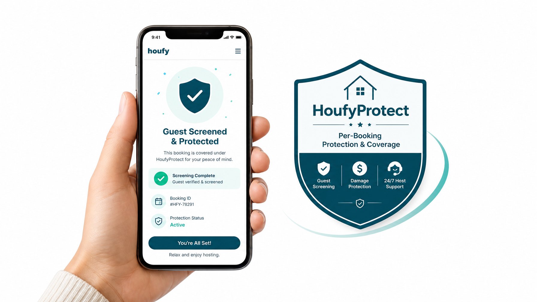 HoufyProtect powered by Truvi — per-booking damage protection and guest screening for Houfy direct booking hosts