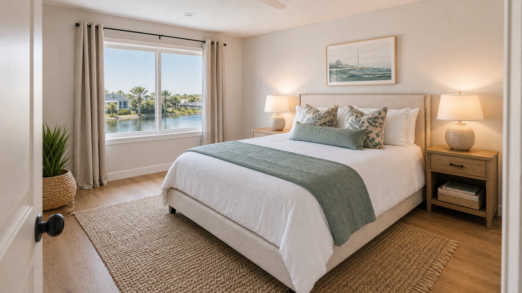 Vacation rental primary bedroom shot from doorway: hotel-quality white linen, symmetrical pillow arrangement, nightstand lamps on, and large window with natural light