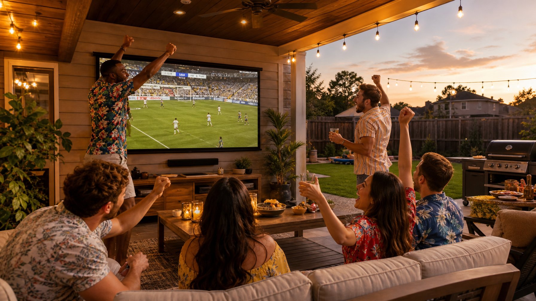 Spacious Dallas-Fort Worth vacation rental backyard with covered patio and outdoor screen for Copa América 2026 semifinal watch party — direct booking STR Dallas