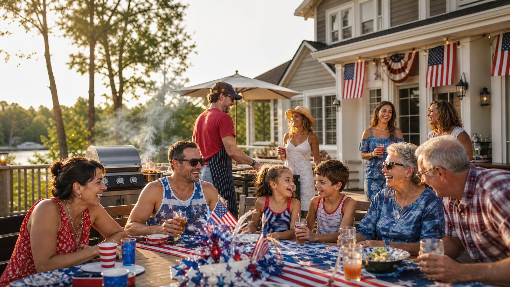 Multigenerational family celebrating 4th of July at a vacation rental backyard with barbecue grill, American flag bunting, and red white and blue decorations