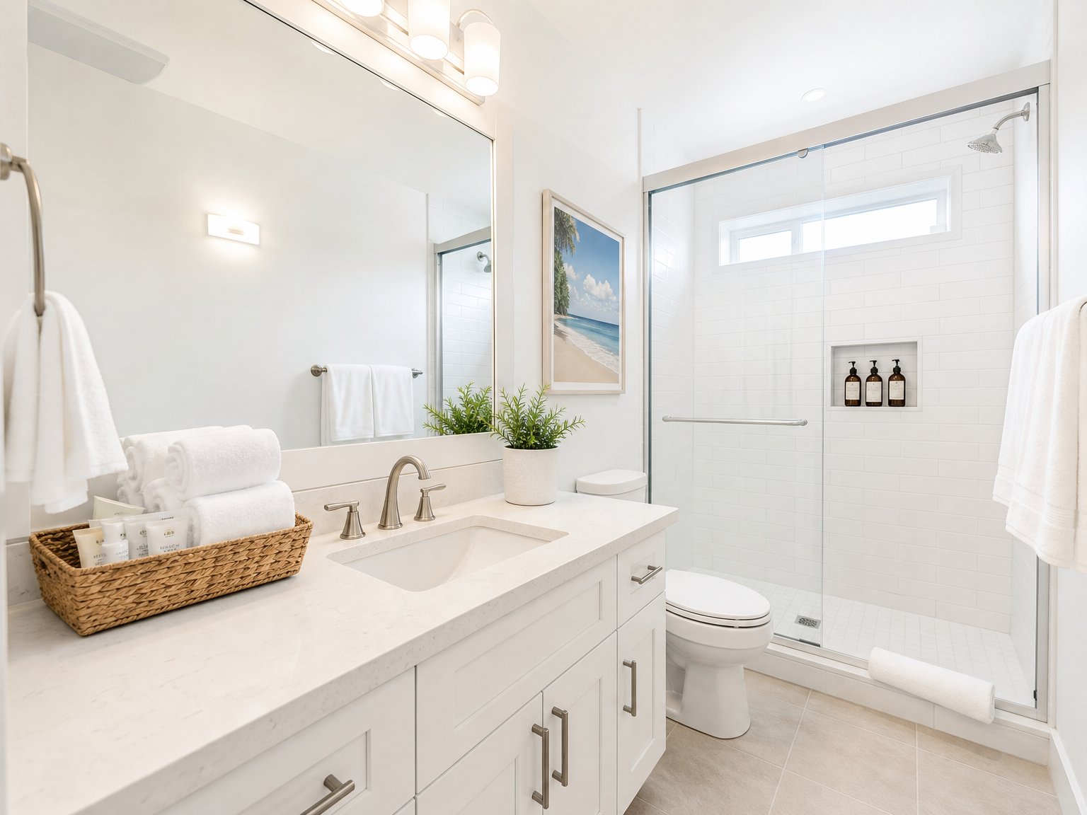 Spotlessly clean vacation rental bathroom with fresh white towels and organized toiletries — cleanliness is the top factor in 5-star vacation rental reviews