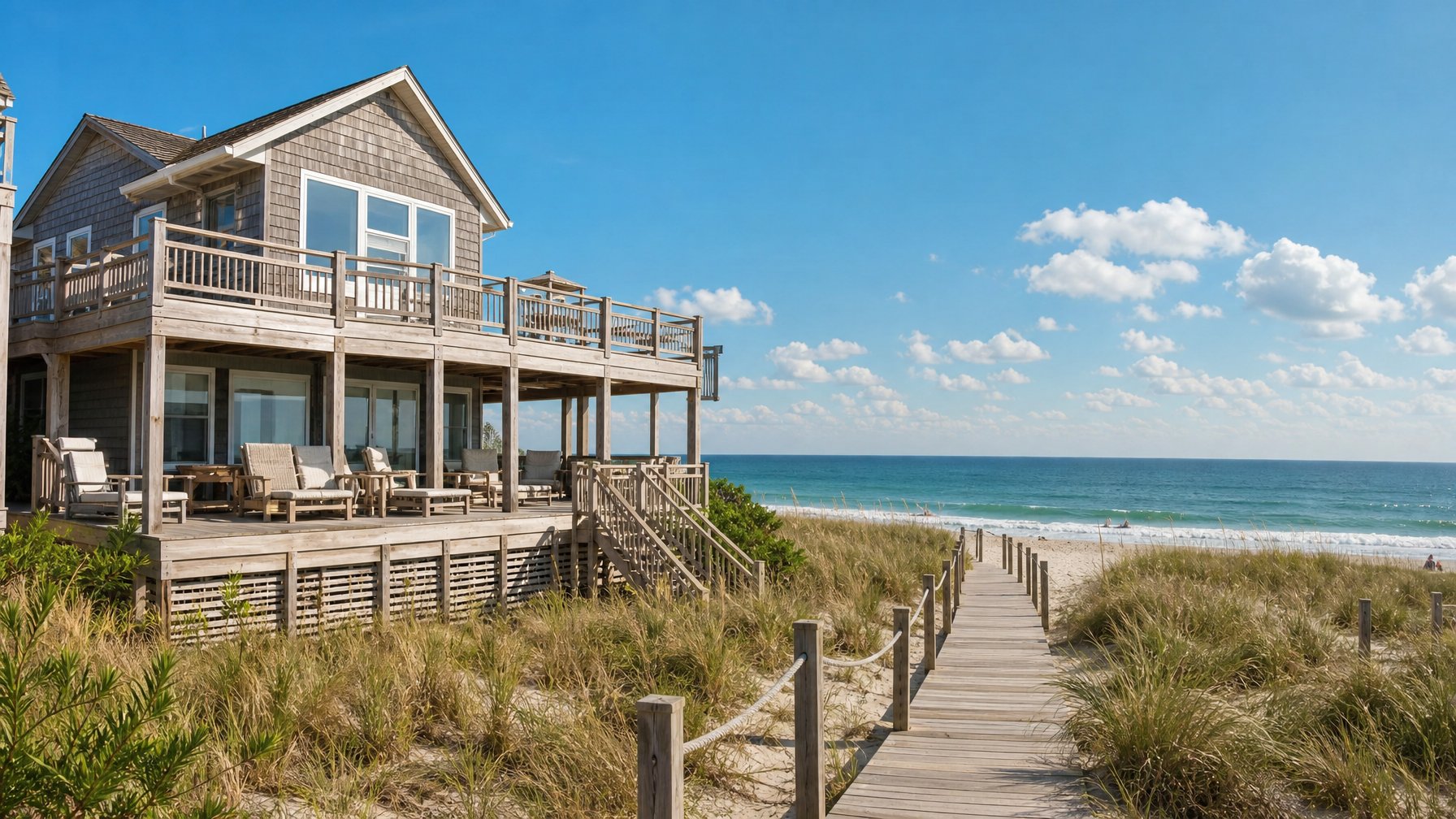An oceanfront beach house vacation rental on the Outer Banks of North Carolina with direct beach access and a large deck for summer 2026 guests
