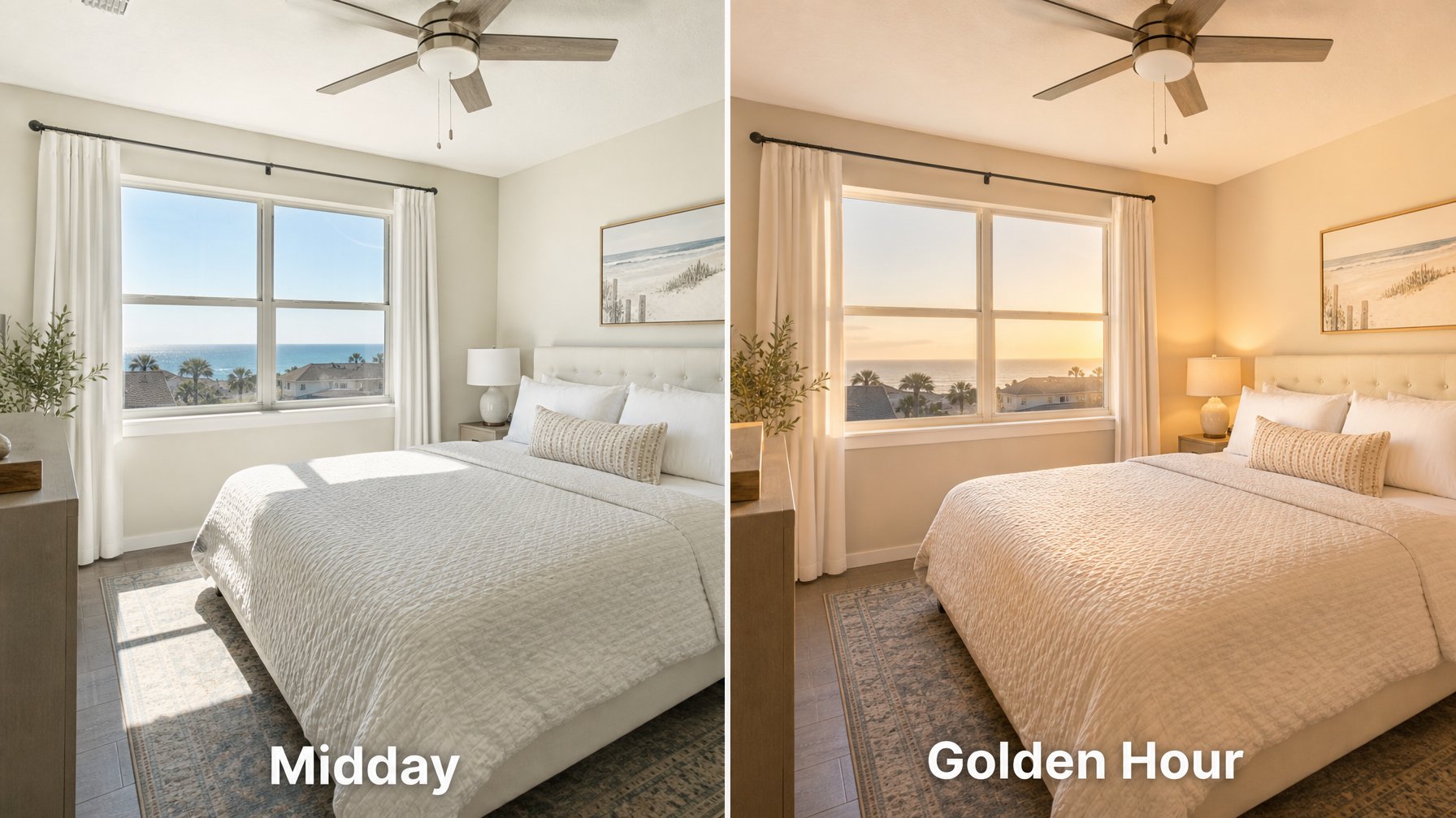 Side-by-side comparison of vacation rental bedroom photographed at midday versus golden hour — showing how lighting timing transforms vacation rental photography quality
