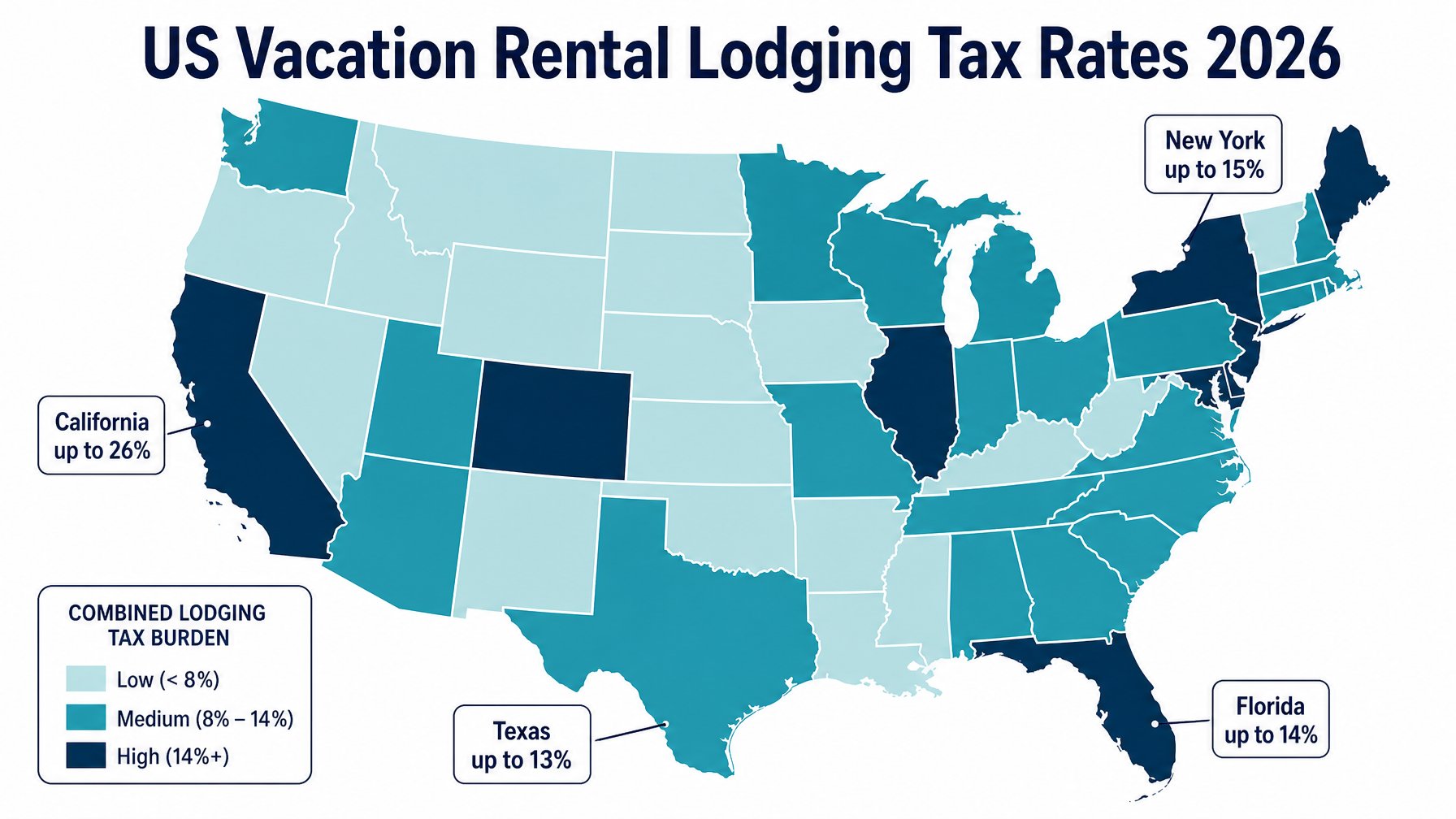 US map showing state and local transient occupancy tax rates for vacation rental hosts in 2026, with callouts for California up to 26%, New York up to 15%, Florida up to 14%, and Texas up to 13%