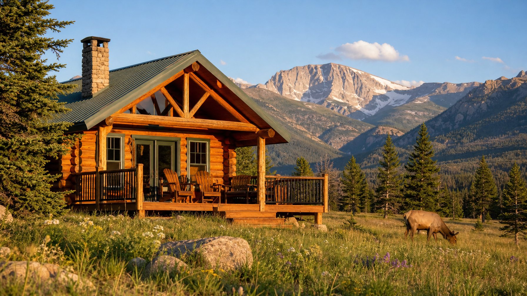 Cozy mountain vacation rental cabin near Estes Park Colorado overlooking Rocky Mountain National Park peaks, with elk grazing in the meadow below, golden afternoon light — Estes Park vacation rental RMNP