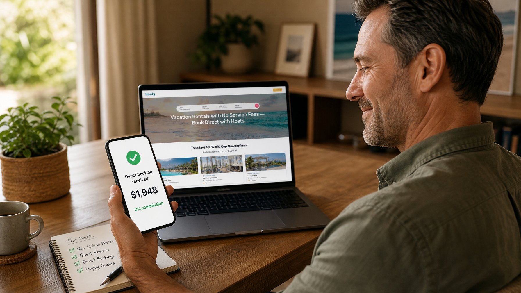 A direct booking vacation rental host reviewing World Cup Quarterfinals revenue retained without OTA commission versus Airbnb bookings showing the financial advantage