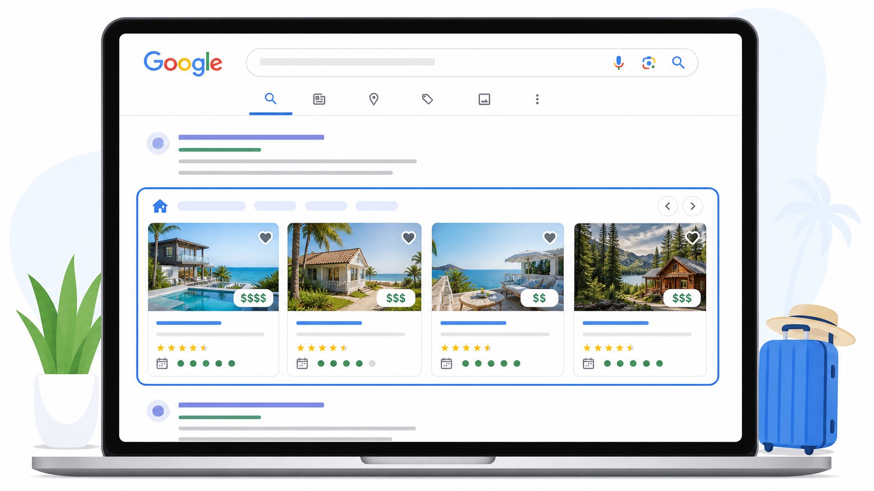 Google Vacation Rentals search results module showing property cards with photos, prices, and star ratings on Google Search
