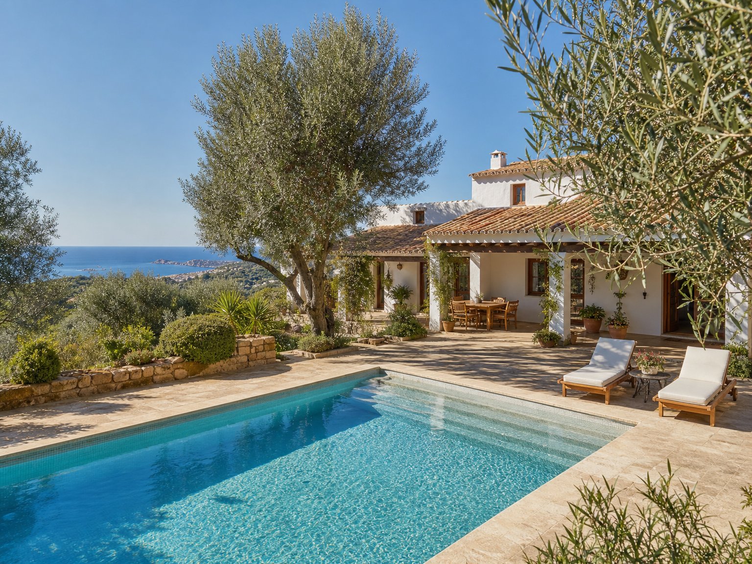 Traditional Mallorcan finca-style vacation rental with terracotta roof, private pool, and olive grove, bookable direct without OTA fees