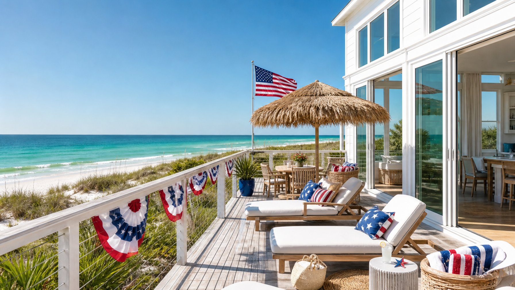 30A Florida Gulf-front vacation rental with modern white facade, floor-to-ceiling windows, and sugar-white sand beach with emerald water visible beyond the dunes — patriotic red, white, and blue deck decor for 4th of July